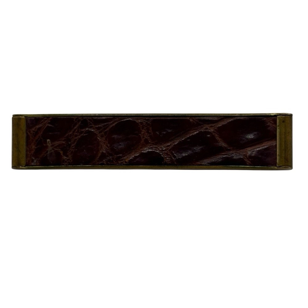 Anson Tie Clasp Bar Clip Vintage Men's Brown Leather Goldtone Retro MCM Unique